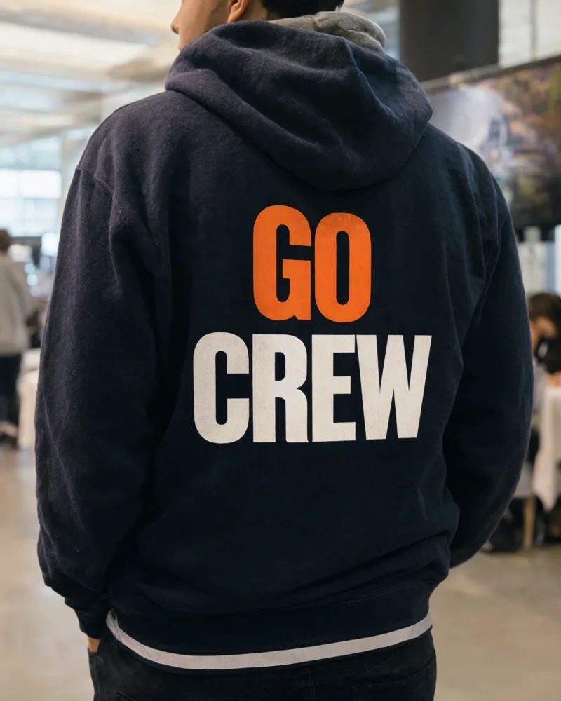 A crew member in a navy GO CREW hoodie, seen from behind